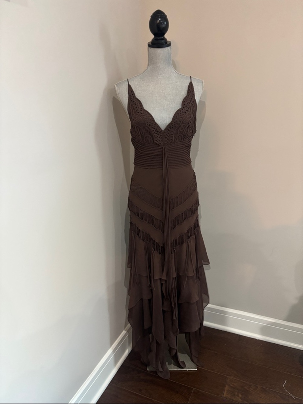 Vintage Nina Austin 100% Silk Brown Layered Lace-Trim Slip Dress size medium